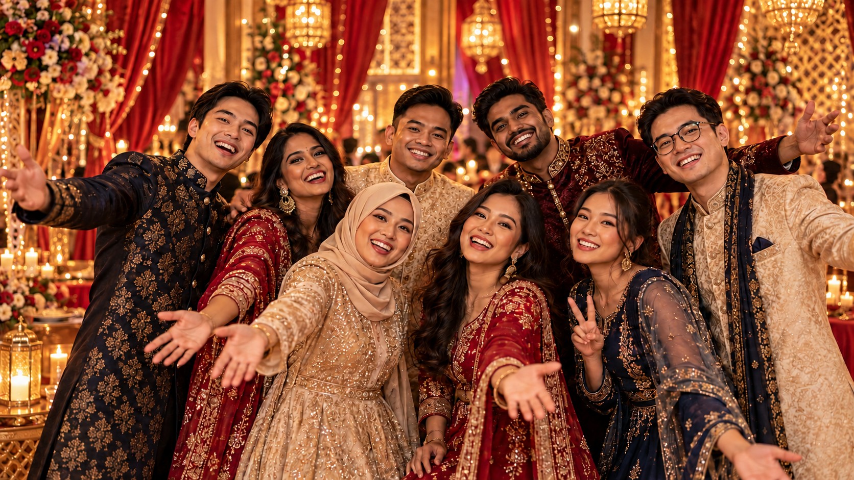 A diverse group of colleagues in festive Bollywood-inspired attire