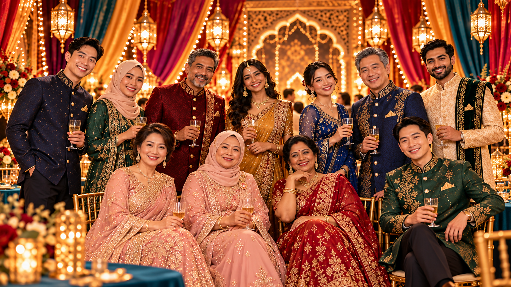 Multicultural colleagues in elegant, modest and festive Bollywood-inspired attire at a corporate dinner setting