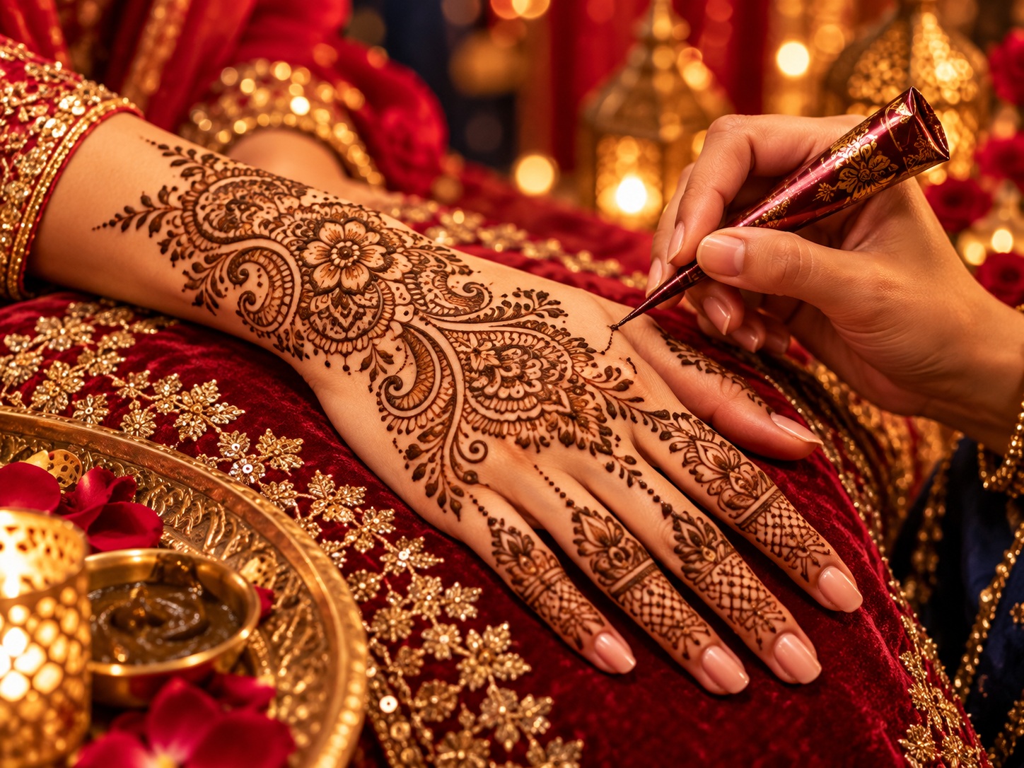 Henna artist creating a detailed hand design